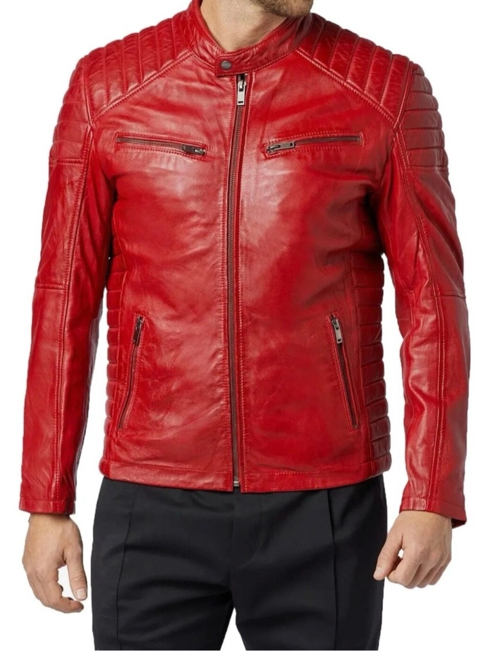 Men's Red Leather Moto Jacket - Stylish Quilted Design